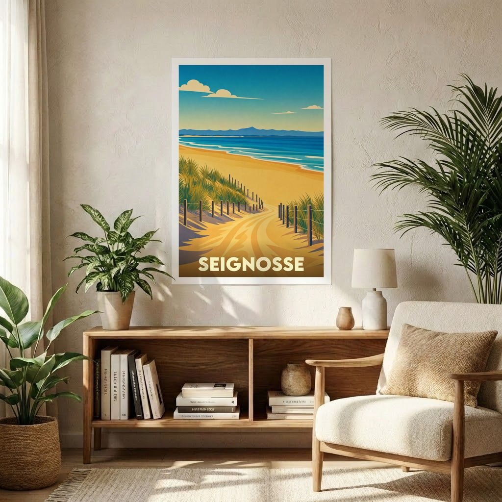 Affiche souvenir de la ville de Seignosse avec une illustration stylisée d'un chemin de plage bordé de dunes.