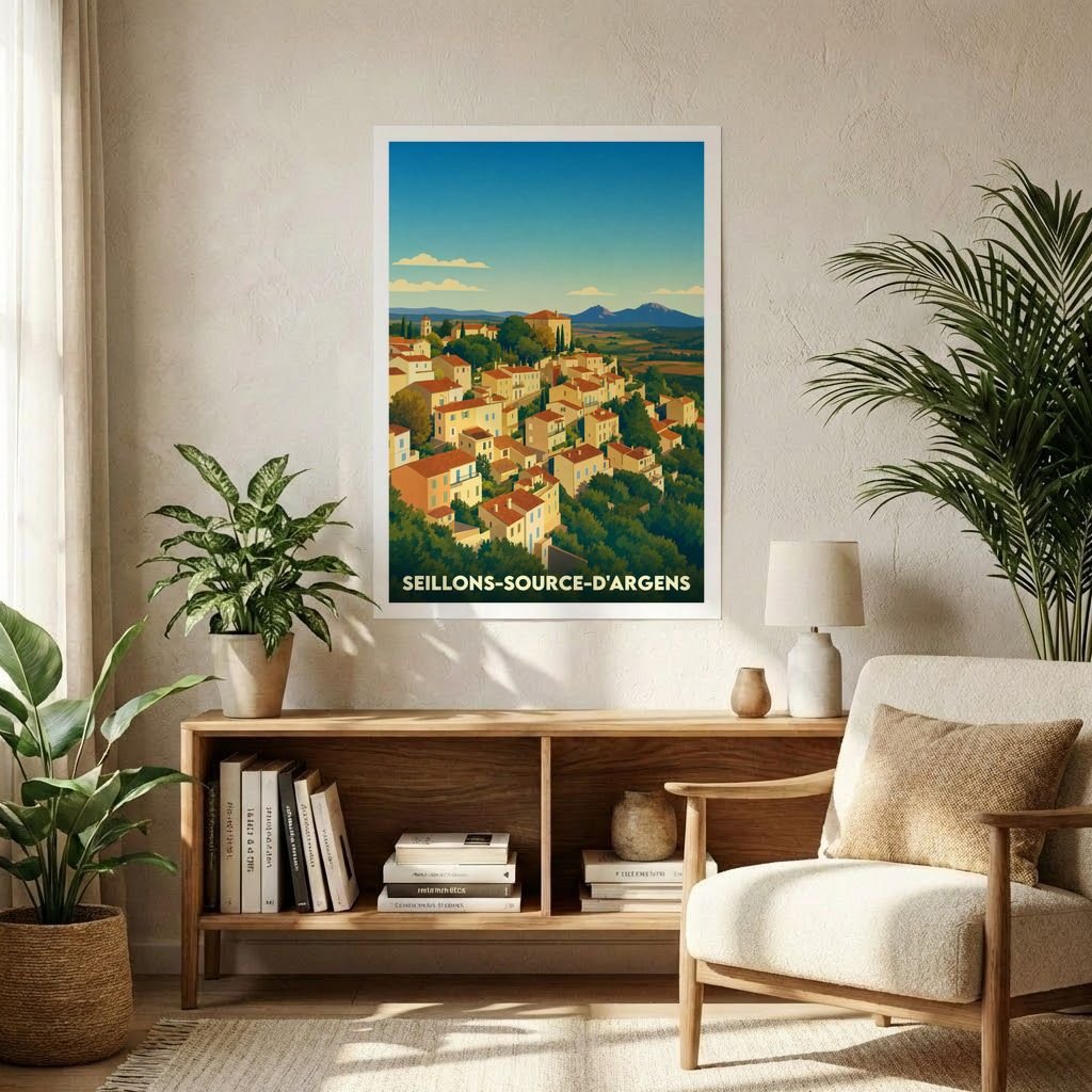 Affiche souvenir de la ville de Seillons-Source-d'Argens avec une illustration stylisée d'un village provençal niché dans la verdure.