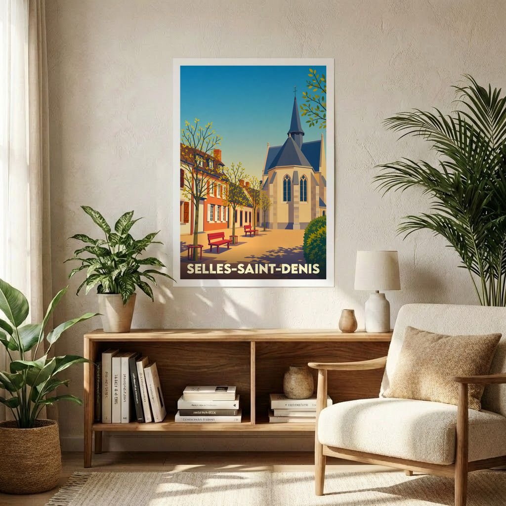 Affiche souvenir de la ville de Selles-Saint-Denis avec une illustration stylisée d'une place ensoleillée et de son église.