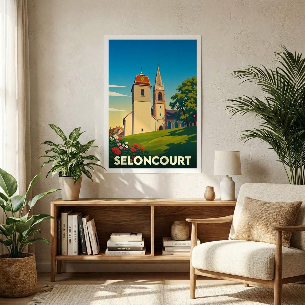 Affiche souvenir de la ville de Seloncourt avec une illustration stylisée de son église et de son clocher.