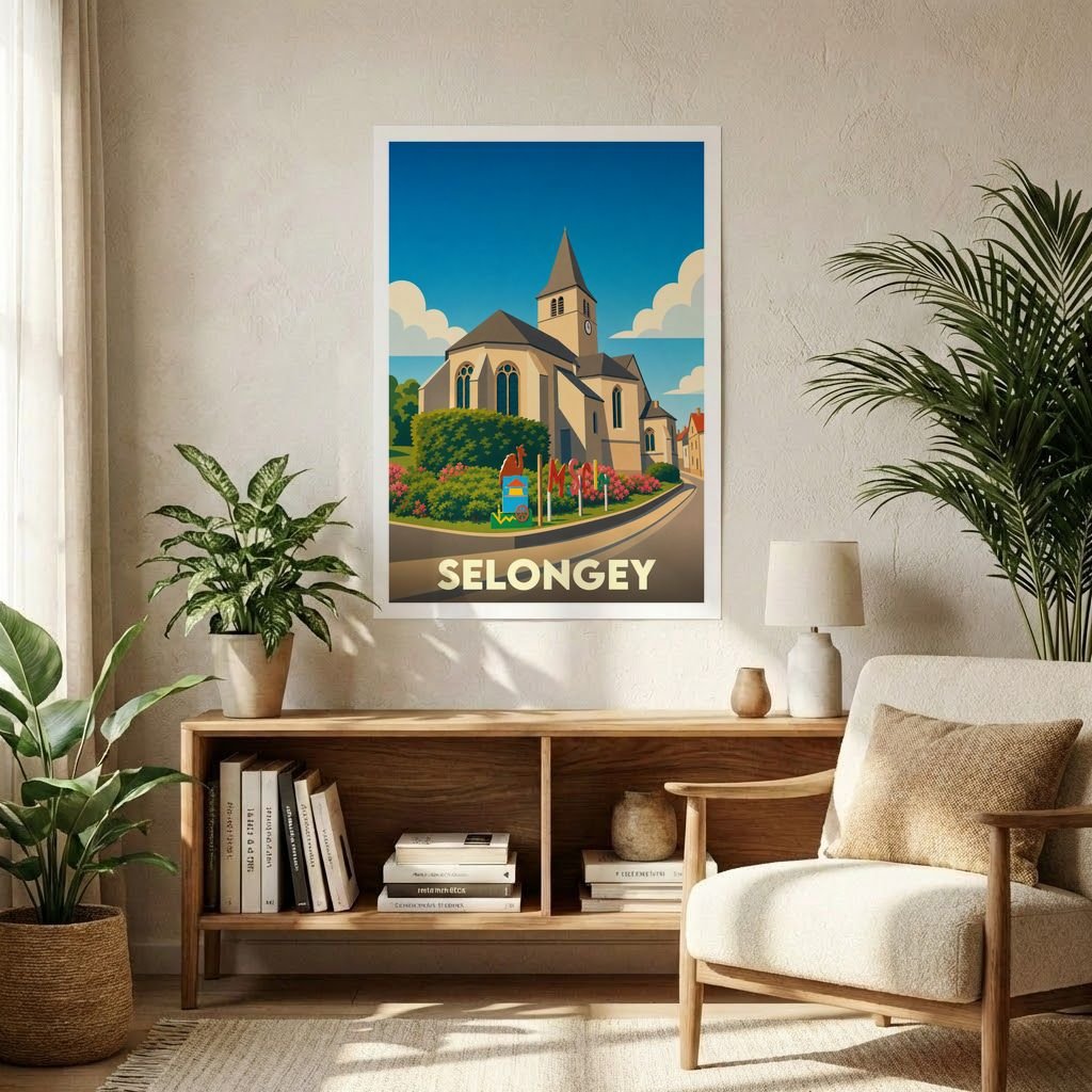 Affiche souvenir de la ville de Selongey représentant son église et ses paysages dans un style graphique rétro.