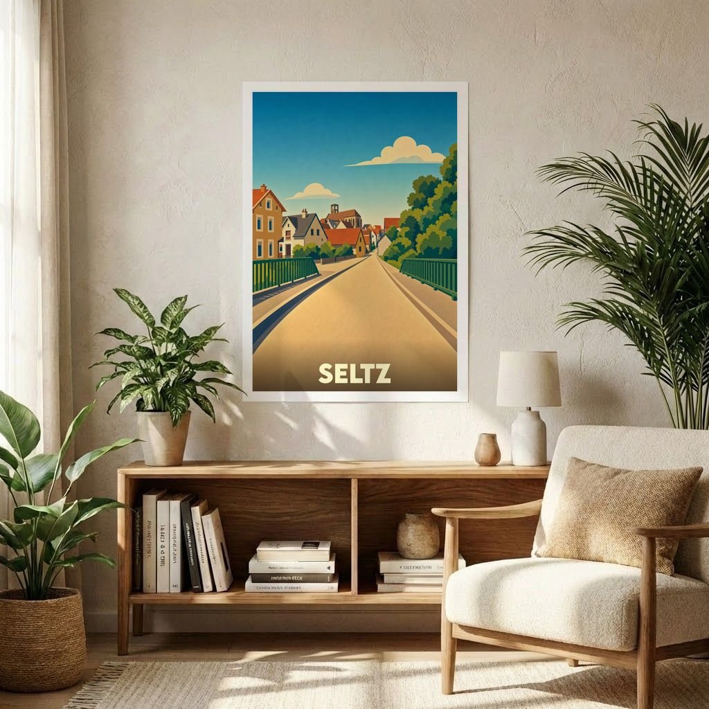 Affiche souvenir de la ville de Seltz représentant une rue pittoresque dans un style graphique rétro.