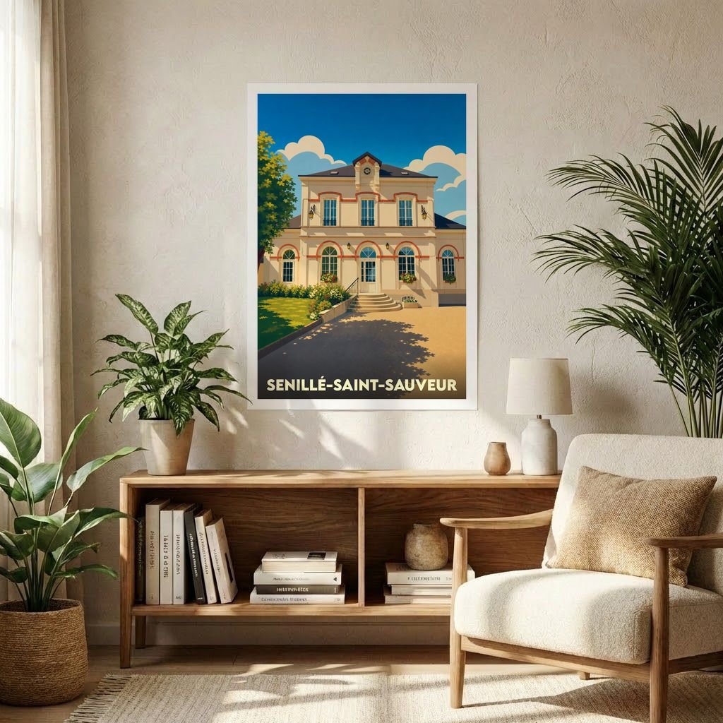 Affiche souvenir de la ville de Senillé-Saint-Sauveur présentant une illustration stylisée de sa mairie sous un ciel bleu ensoleillé.