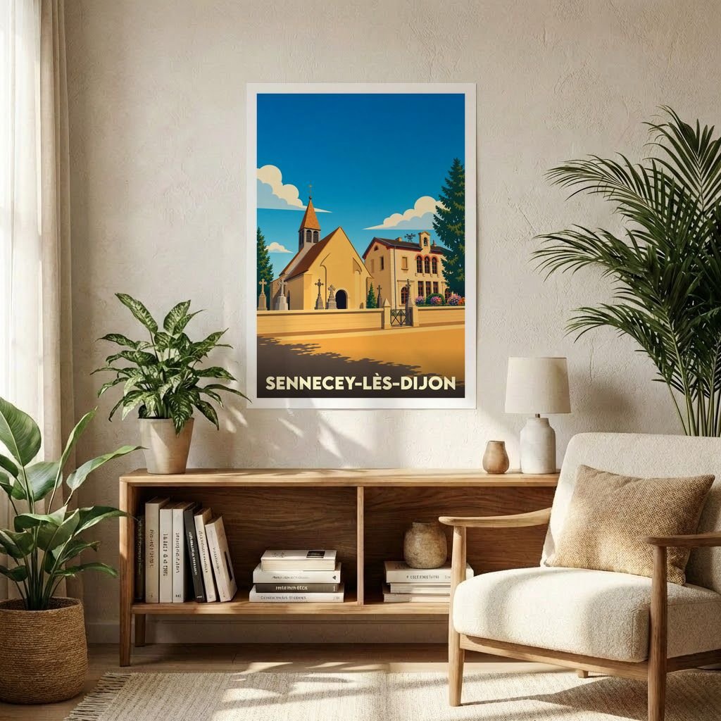Affiche souvenir de la ville de Sennecey-lès-Dijon avec une illustration stylisée d'une église sous un ciel bleu.