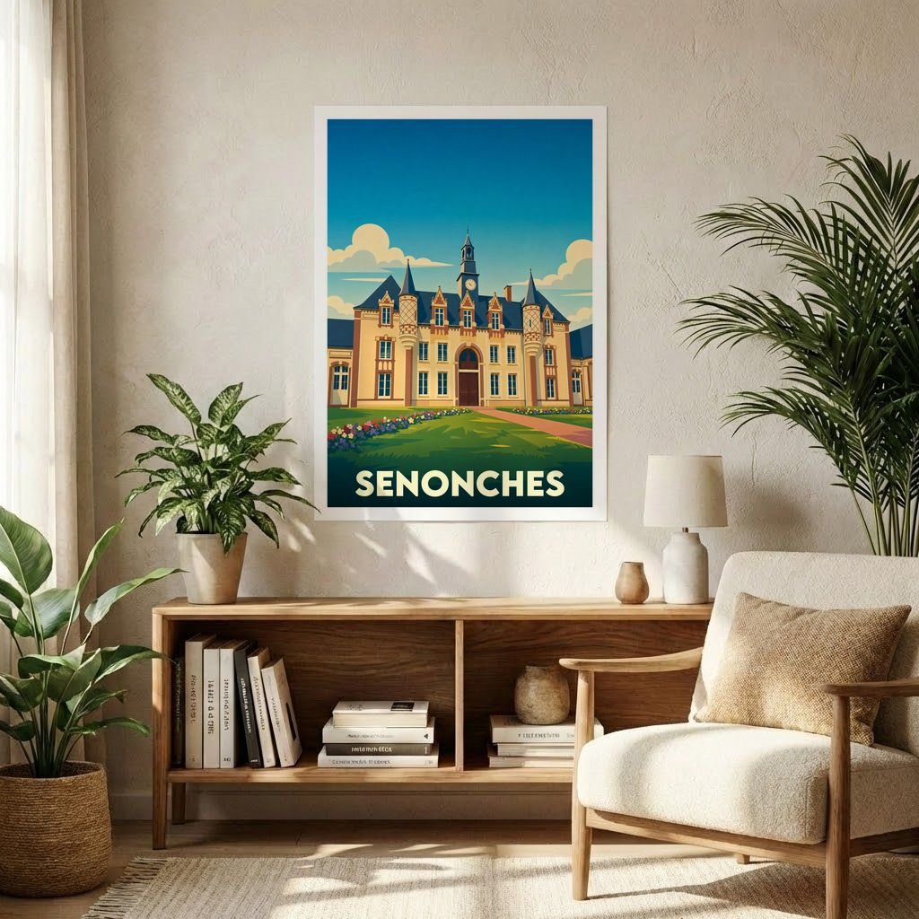 Affiche souvenir de la ville de Senonches illustrant son château dans un style rétro et coloré.