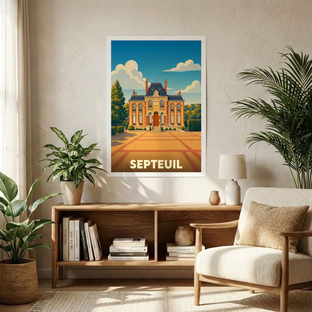 Affiche souvenir de la ville de Septeuil illustrant son architecture traditionnelle dans un style vintage coloré.