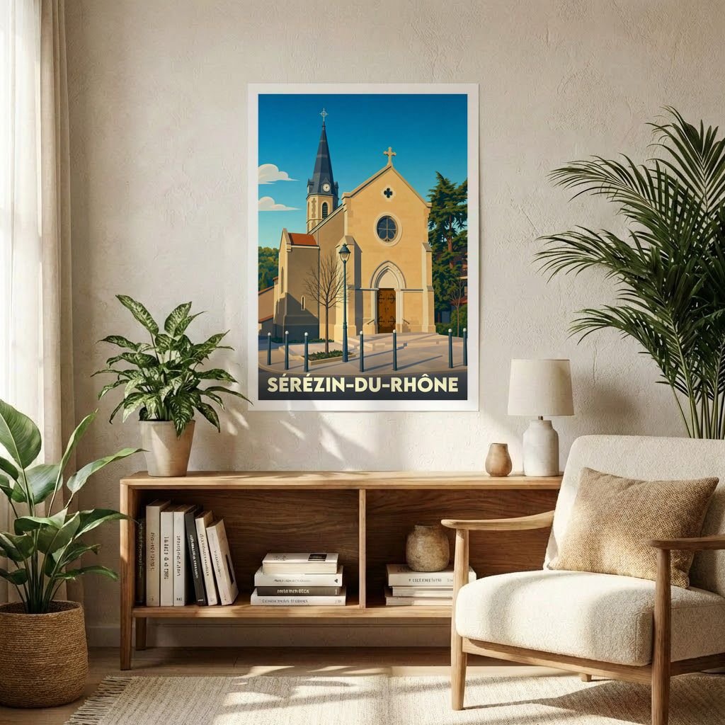 Affiche souvenir de la ville de Sérézin-du-Rhône présentant une illustration stylisée de son église sous un ciel bleu.