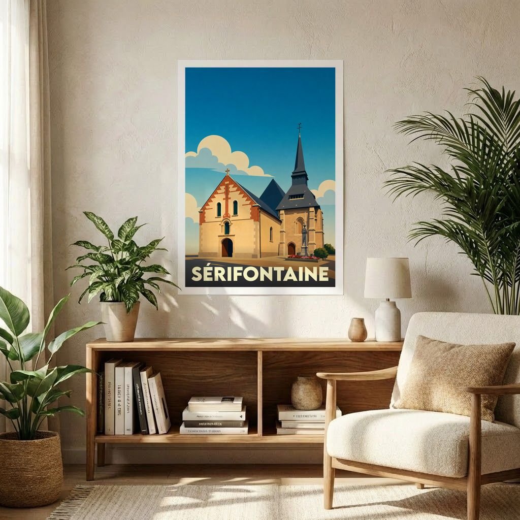 Affiche souvenir de la ville de Sérifontaine présentant une illustration stylisée de son église sous un ciel azur.