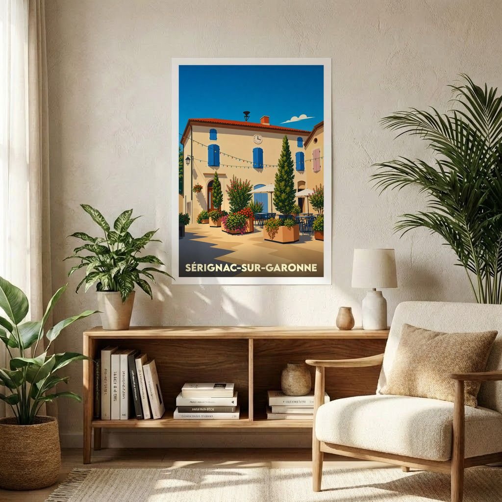 Affiche souvenir de la ville de Sérignac-sur-Garonne avec une illustration stylisée d'une place ensoleillée.