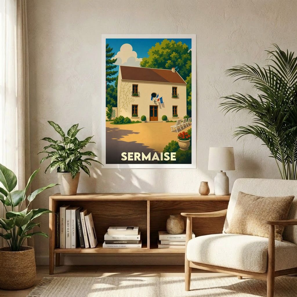 Affiche souvenir de la ville de Sermaise avec une illustration stylisée d'une maison de village.