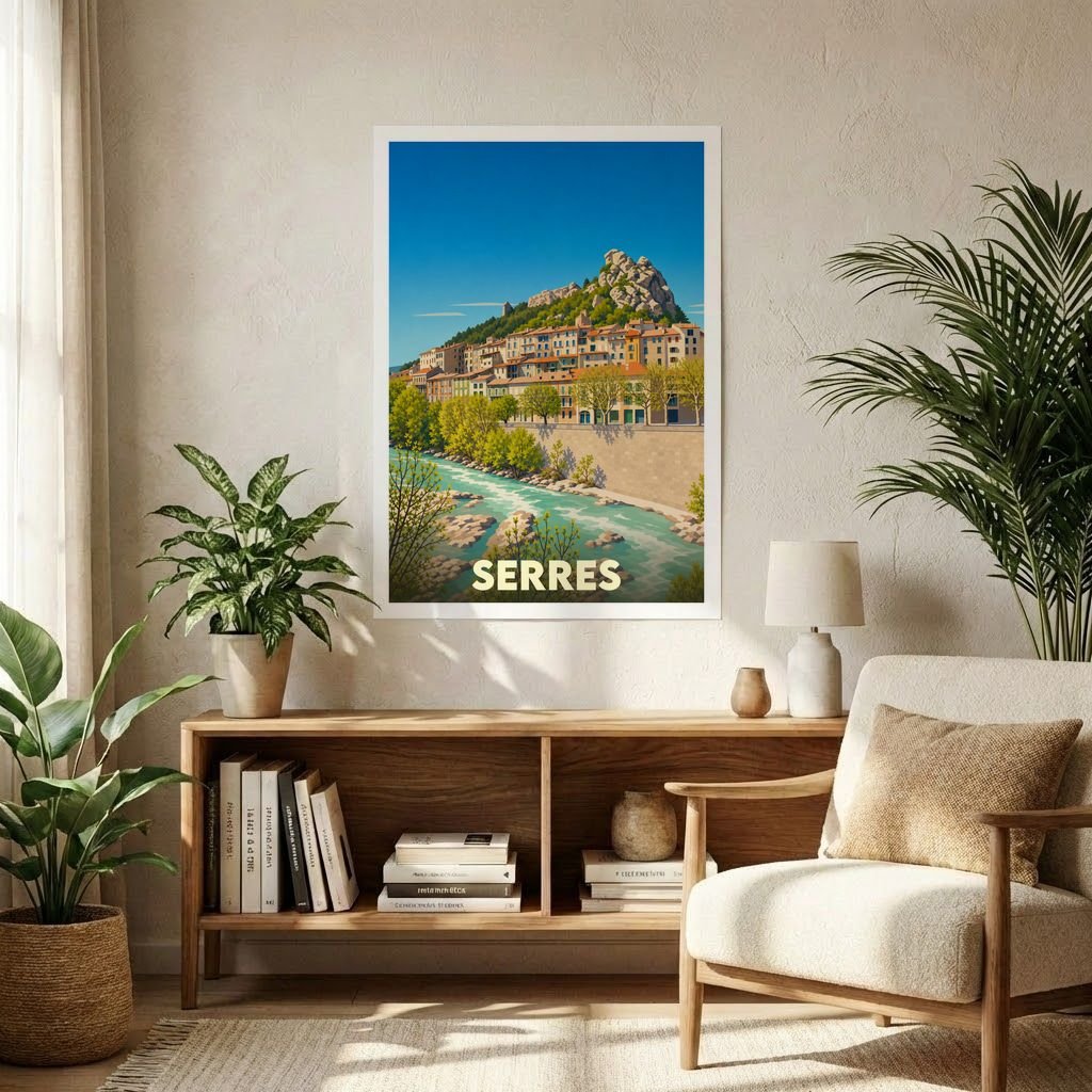 Affiche souvenir de la ville de Serres présentant une illustration stylisée d'un village provençal au bord d'une rivière.