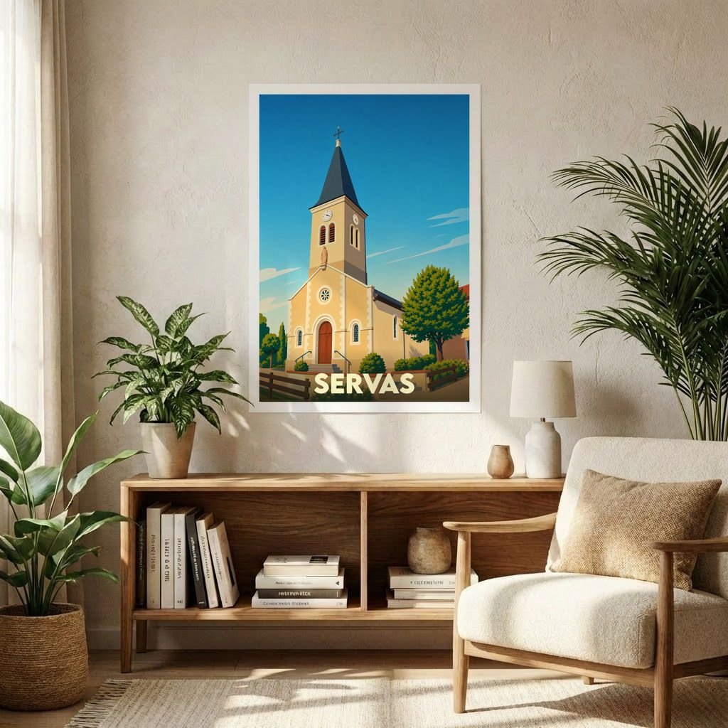 Affiche souvenir de la ville de Servas représentant son église dans un style graphique épuré.