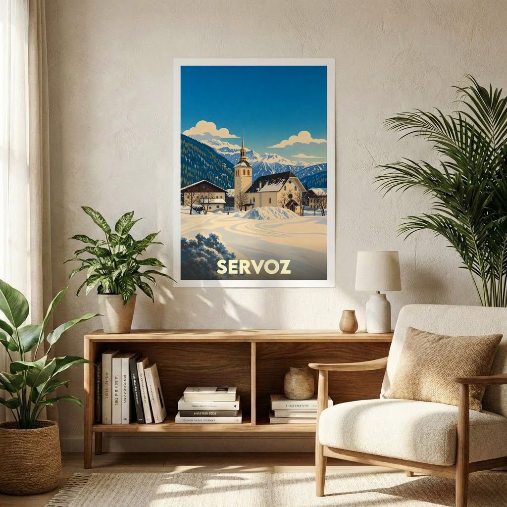 Affiche souvenir de la ville de Servoz représentant un paysage de montagne enneigé avec une église.