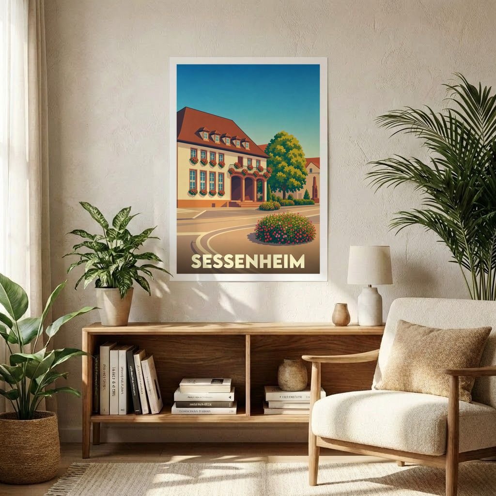 Affiche souvenir de la ville de Sessenheim avec une illustration stylisée d'une bâtisse alsacienne.