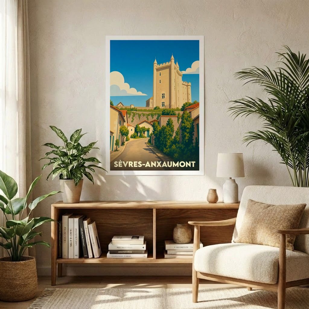 Affiche souvenir de la ville de Sèvres-Anxaumont avec une illustration stylisée d'un château surplombant un village.