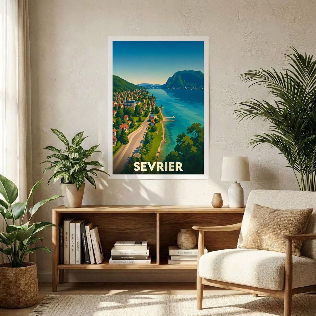 Affiche souvenir de la ville de Sevrier avec une illustration stylisée des bords du lac d'Annecy.