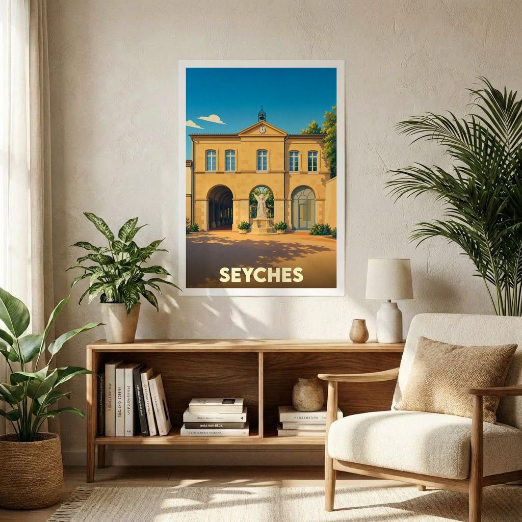 Affiche souvenir de la ville de Seyches avec une illustration stylisée de son patrimoine architectural.