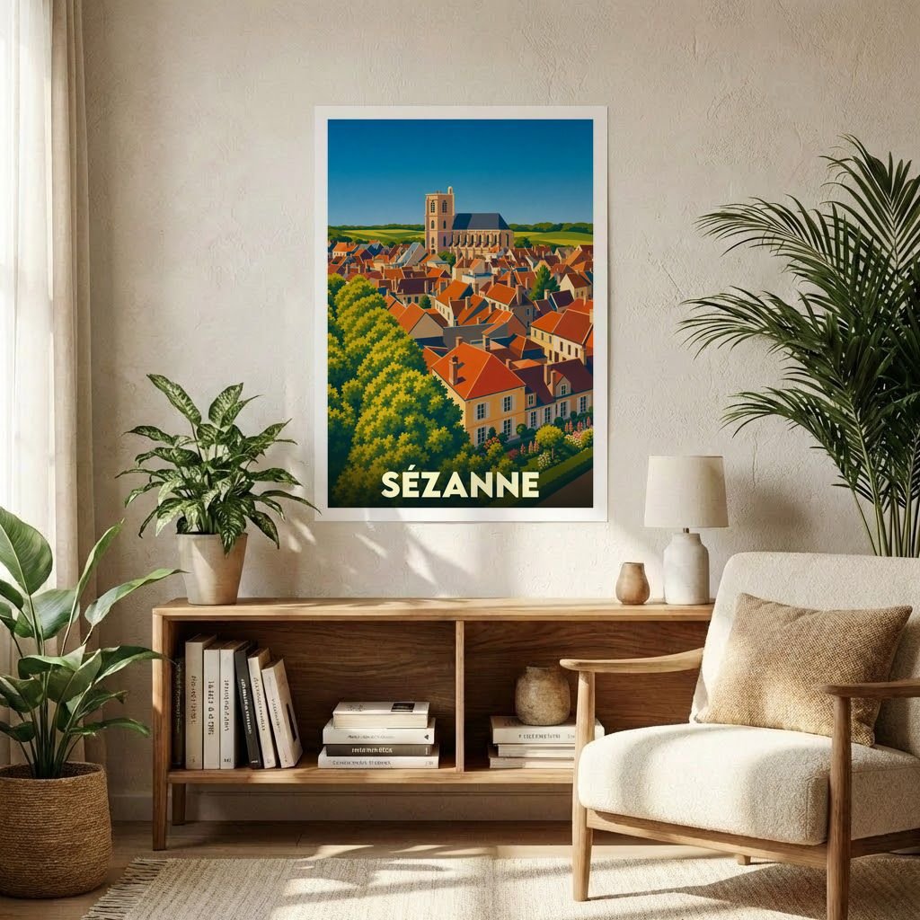 Affiche souvenir de la ville de Sézanne présentant une illustration stylisée et colorée de ses toits et de son église.