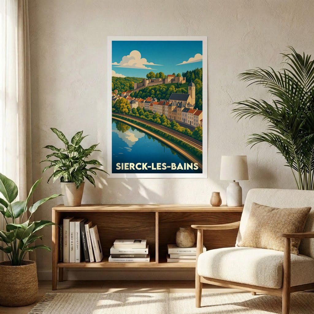 Affiche souvenir de la ville de Sierck-les-Bains avec une illustration stylisée et colorée du paysage urbain en bord de rivière.