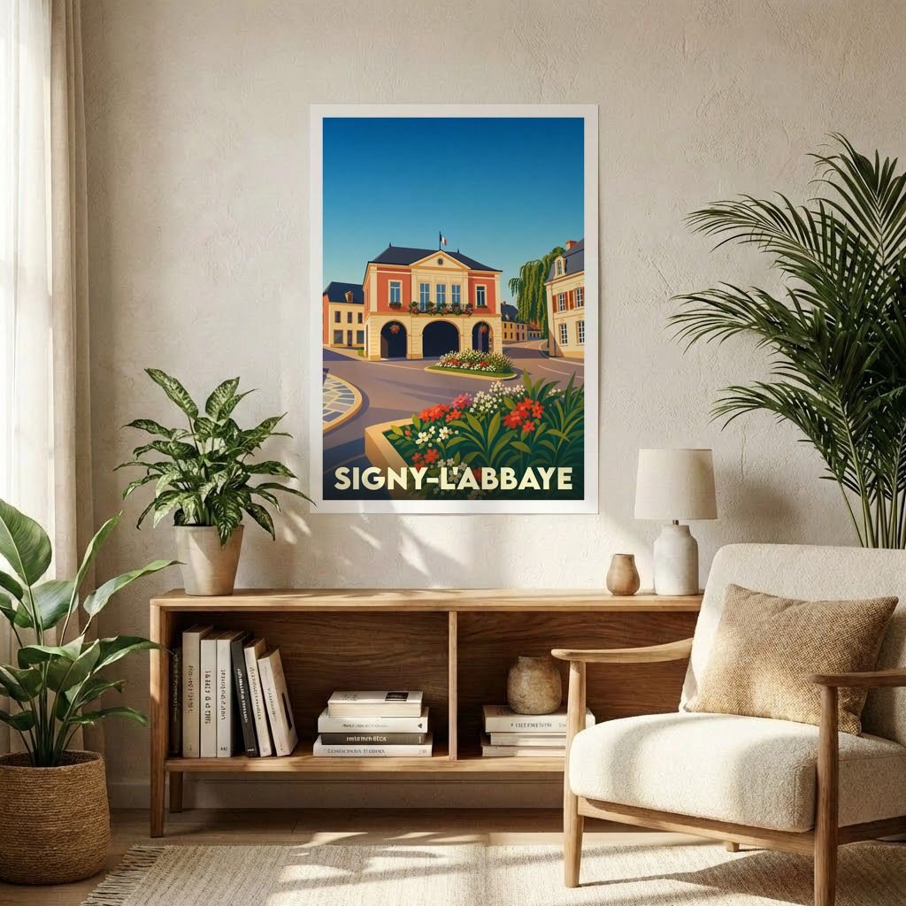 Affiche souvenir de la ville de Signy-l’Abbaye avec une illustration stylisée et colorée de sa place principale.