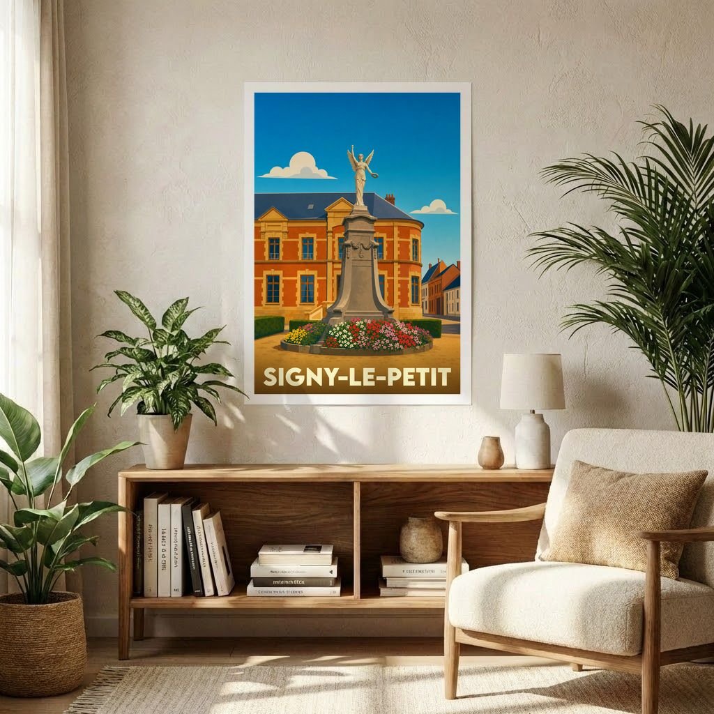 Affiche souvenir de la ville de Signy-le-Petit représentant son monument aux morts et l'hôtel de ville dans un style graphique épuré.