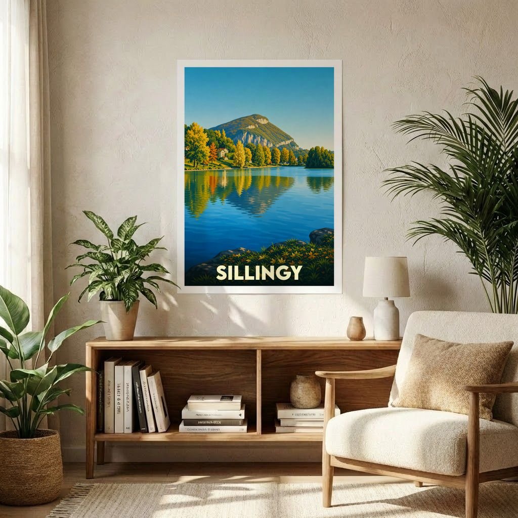 Affiche souvenir de la ville de Sillingy représentant son lac et les montagnes environnantes dans un style vintage.