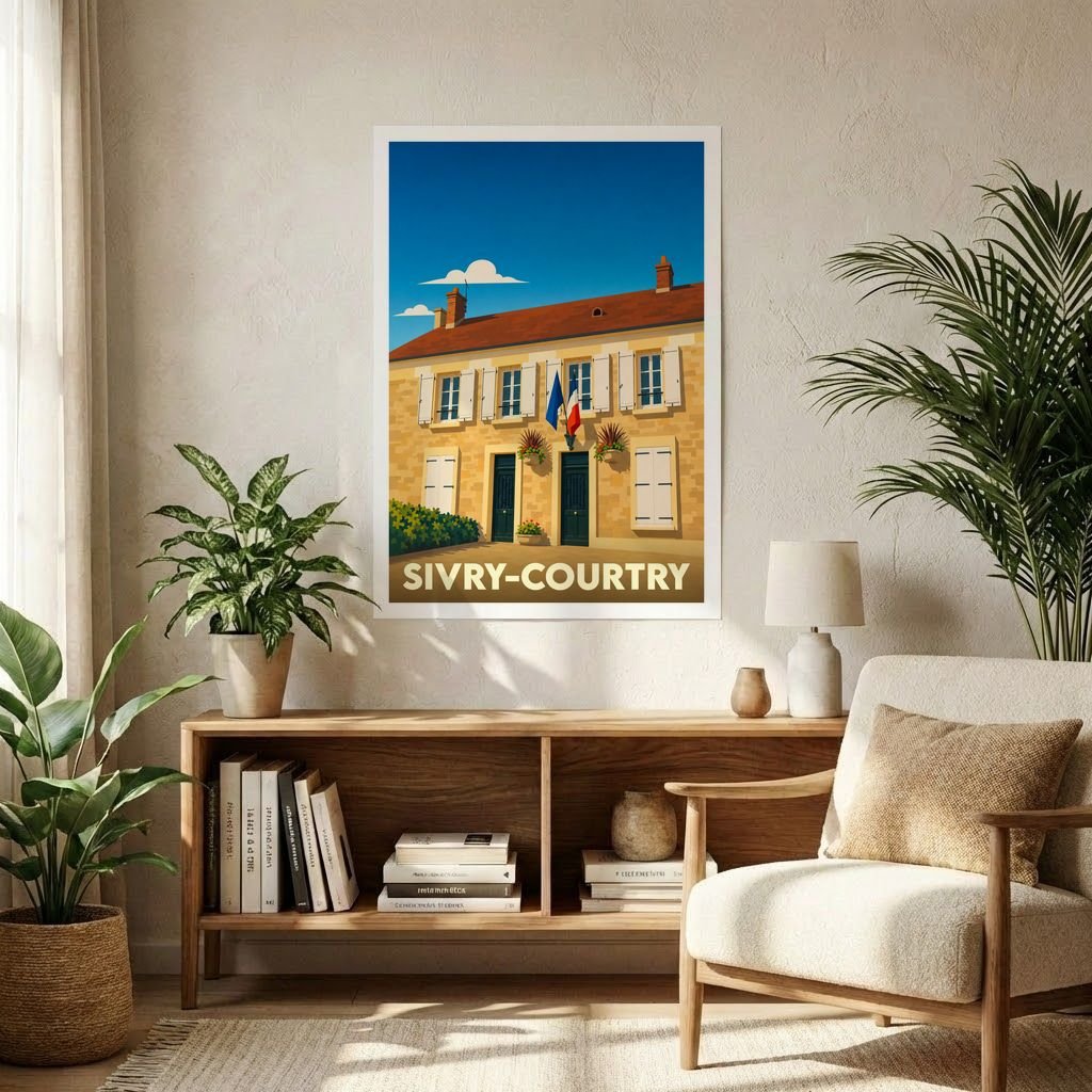 Affiche souvenir de la ville de Sivry-Courtry avec une illustration stylisée d'un bâtiment typique.