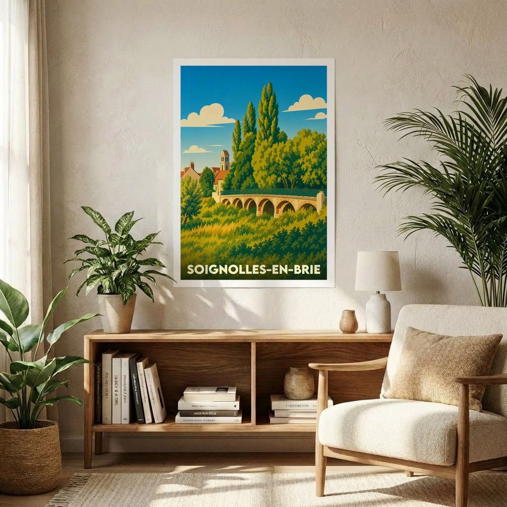 Affiche souvenir de la ville de Soignolles-en-Brie avec une illustration stylisée d'un pont et de la végétation.