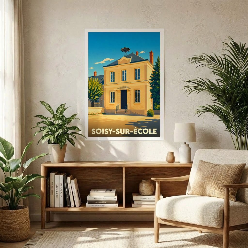 Affiche souvenir de la ville de Soisy-sur-École avec une illustration stylisée d'un bâtiment historique baigné de soleil.