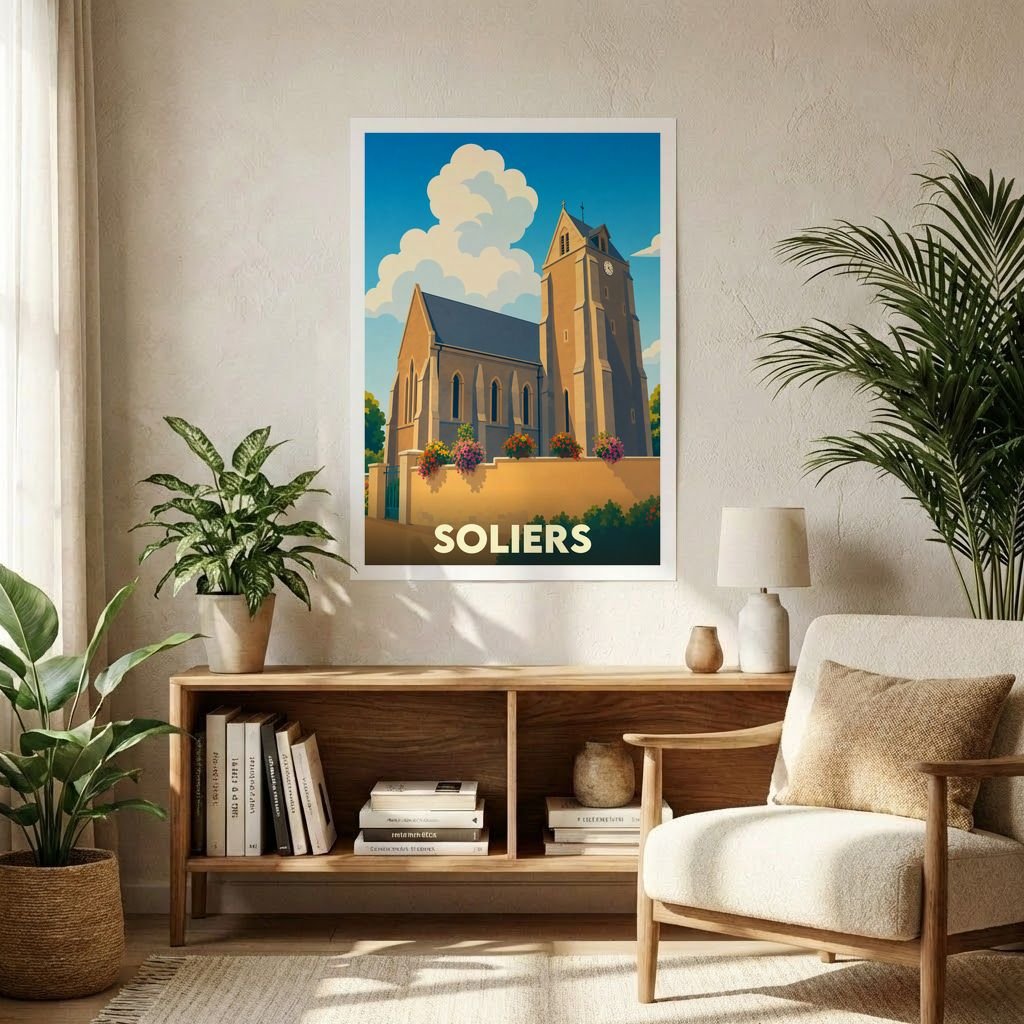 Affiche souvenir de la ville de Soliers avec une illustration stylisée de son église sous un ciel nuageux.
