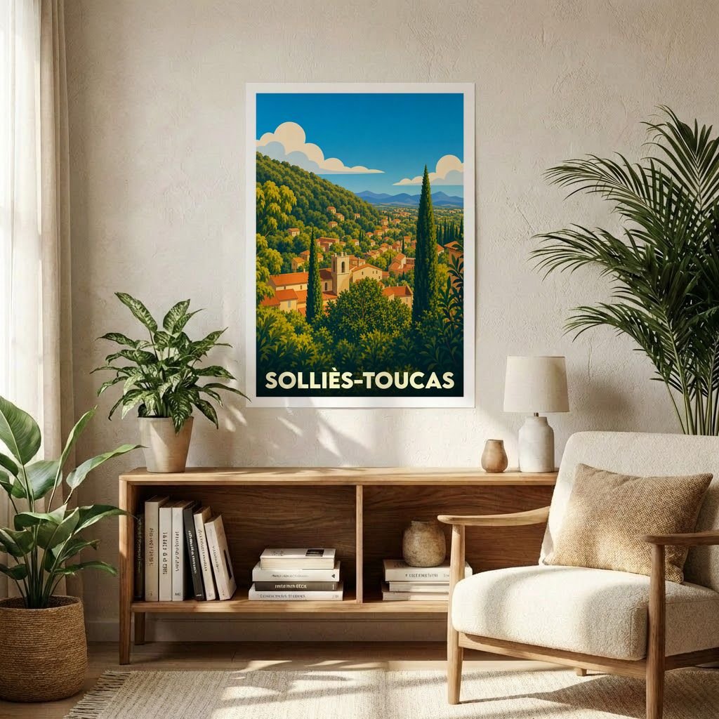 Affiche souvenir de la ville de Solliès-Toucas avec une illustration stylisée de style vintage.