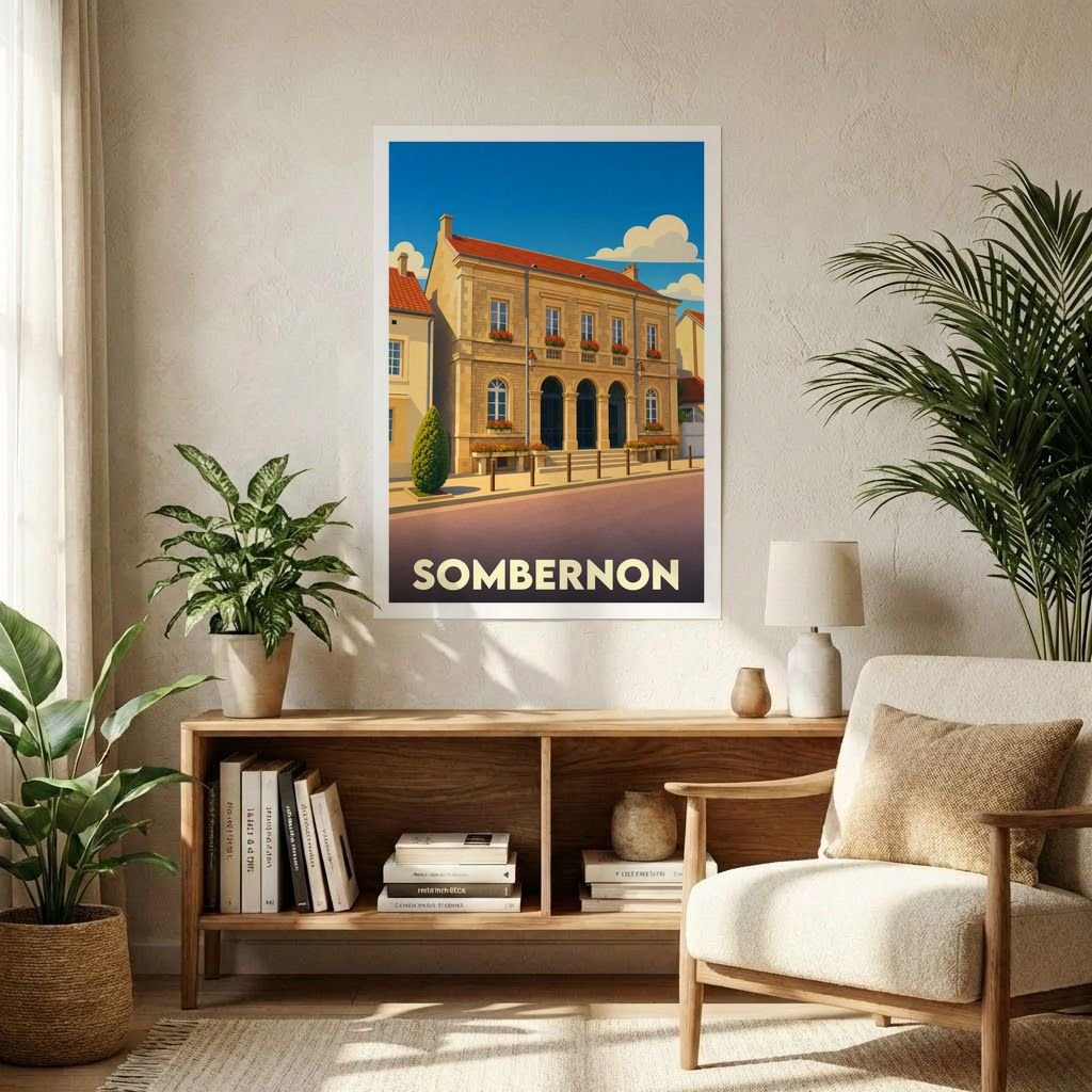 Affiche souvenir de la ville de Sombernon avec une illustration stylisée de son architecture locale.