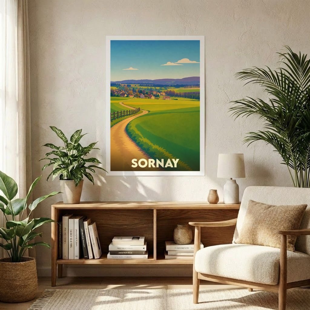 Affiche souvenir de la ville de Sornay représentant un paysage rural illustré avec des collines verdoyantes.
