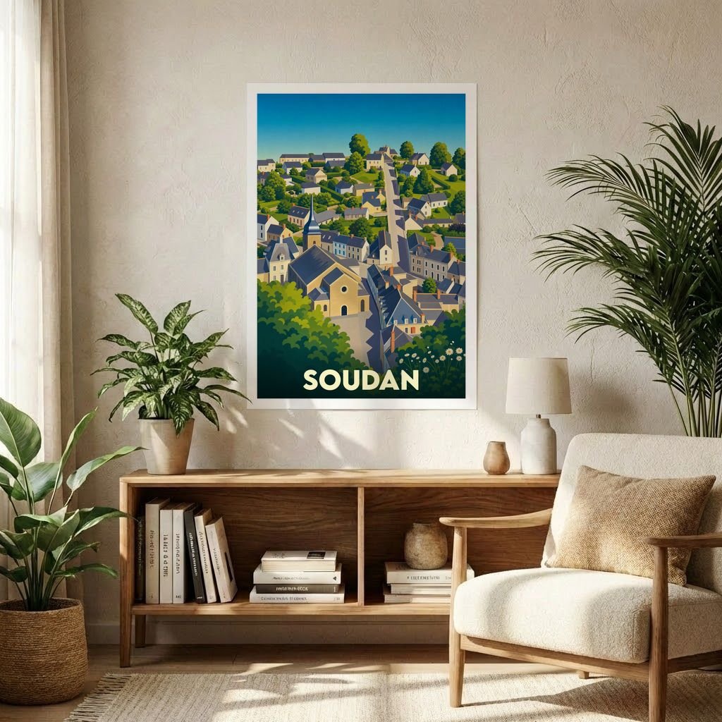 Affiche souvenir de la ville de Soudan avec une illustration stylisée et colorée.