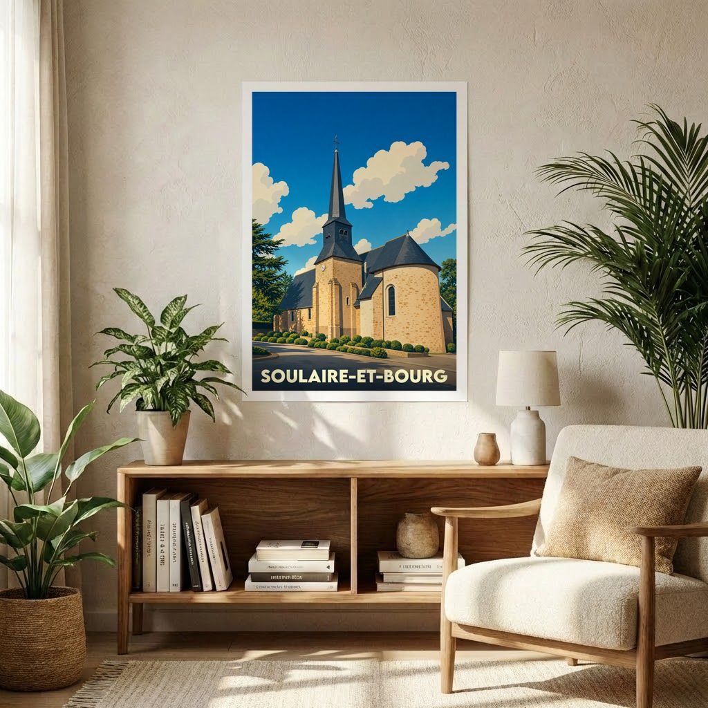 Affiche souvenir de la ville de Soulaire-et-Bourg avec une illustration stylisée de son église sous un ciel bleu.