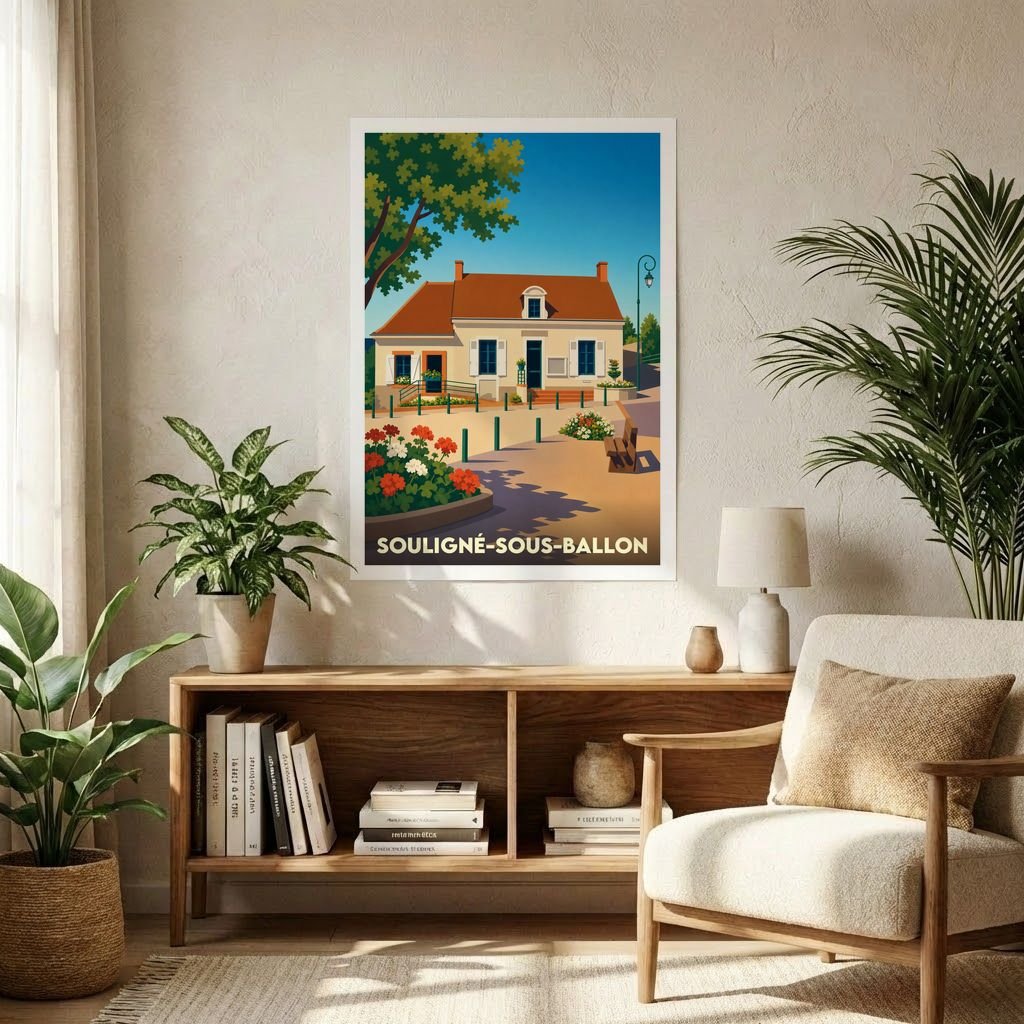 Affiche souvenir de la ville de Souligné-sous-Ballon avec une illustration stylisée d'une maison de village.