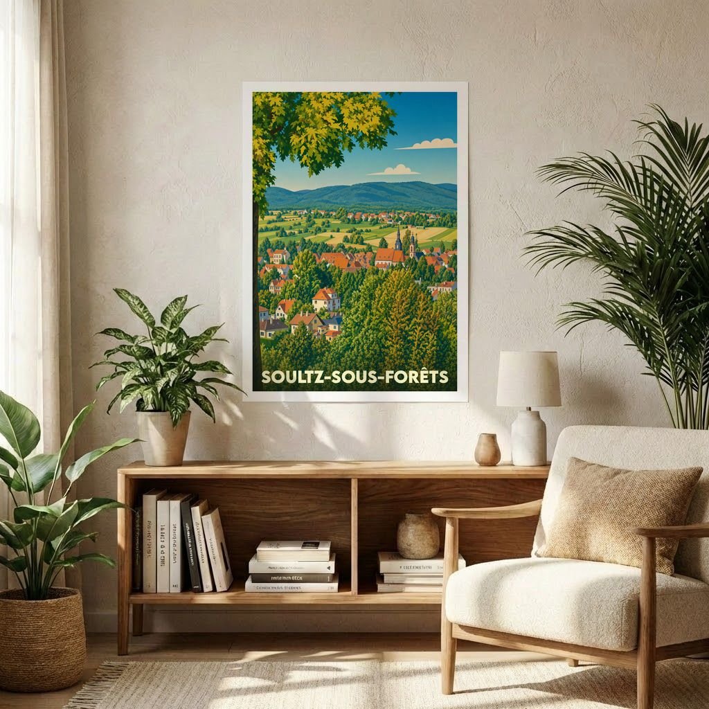 Affiche souvenir de la ville de Soultz-sous-Forêts avec une illustration stylisée de son paysage urbain et naturel.