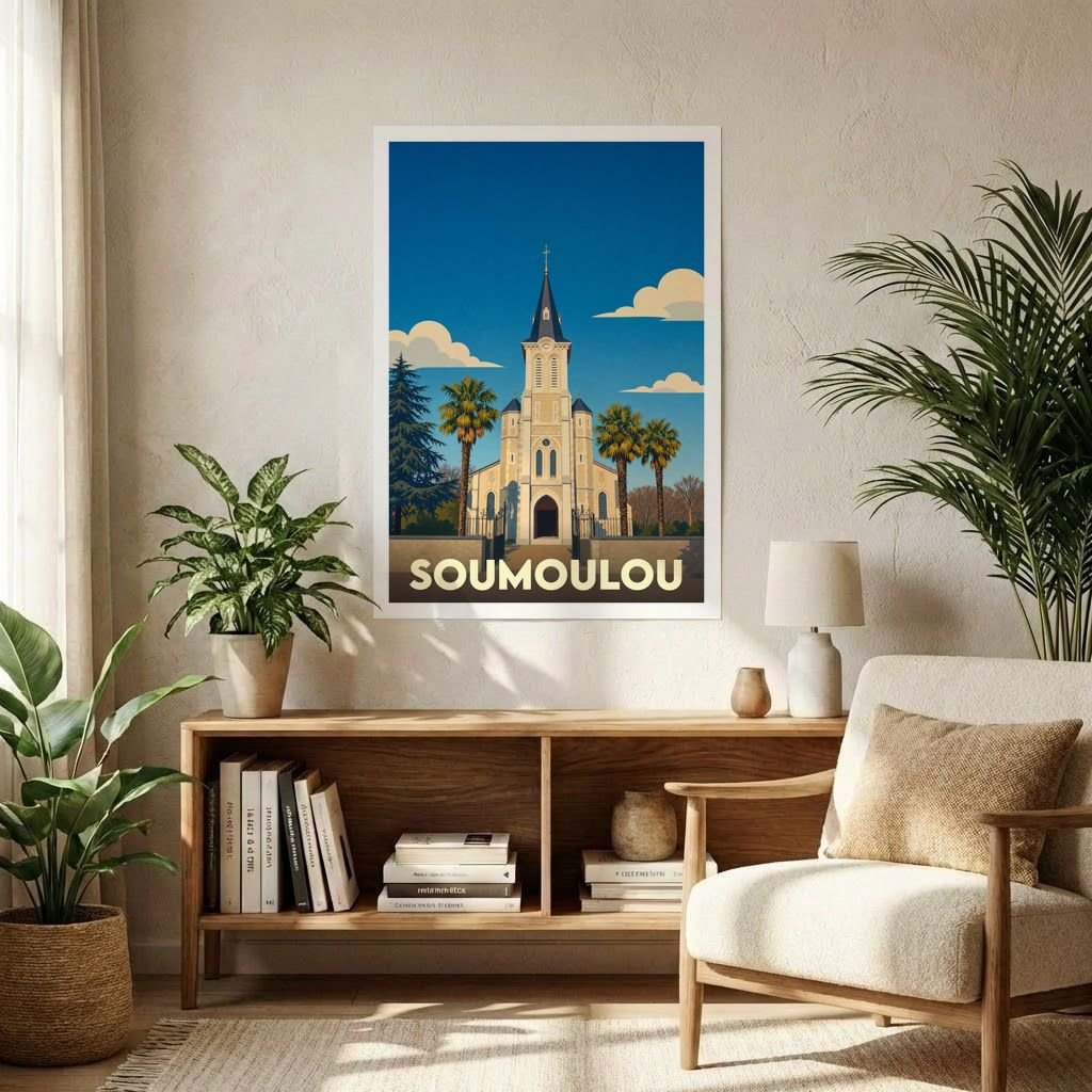 Affiche souvenir de la ville de Soumoulou illustrant son église dans un style rétro et coloré.