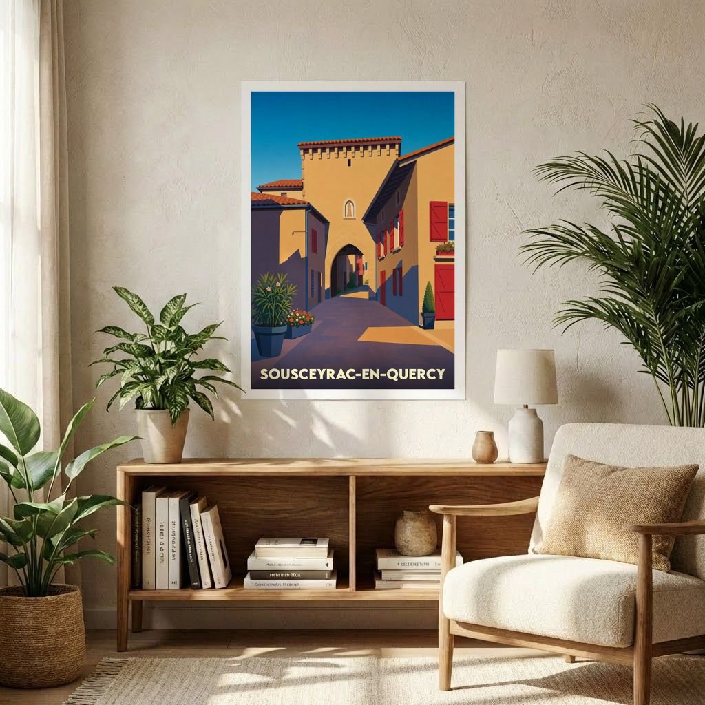 Affiche souvenir de la ville de Sousceyrac-en-Quercy avec une illustration stylisée d'une rue ensoleillée.