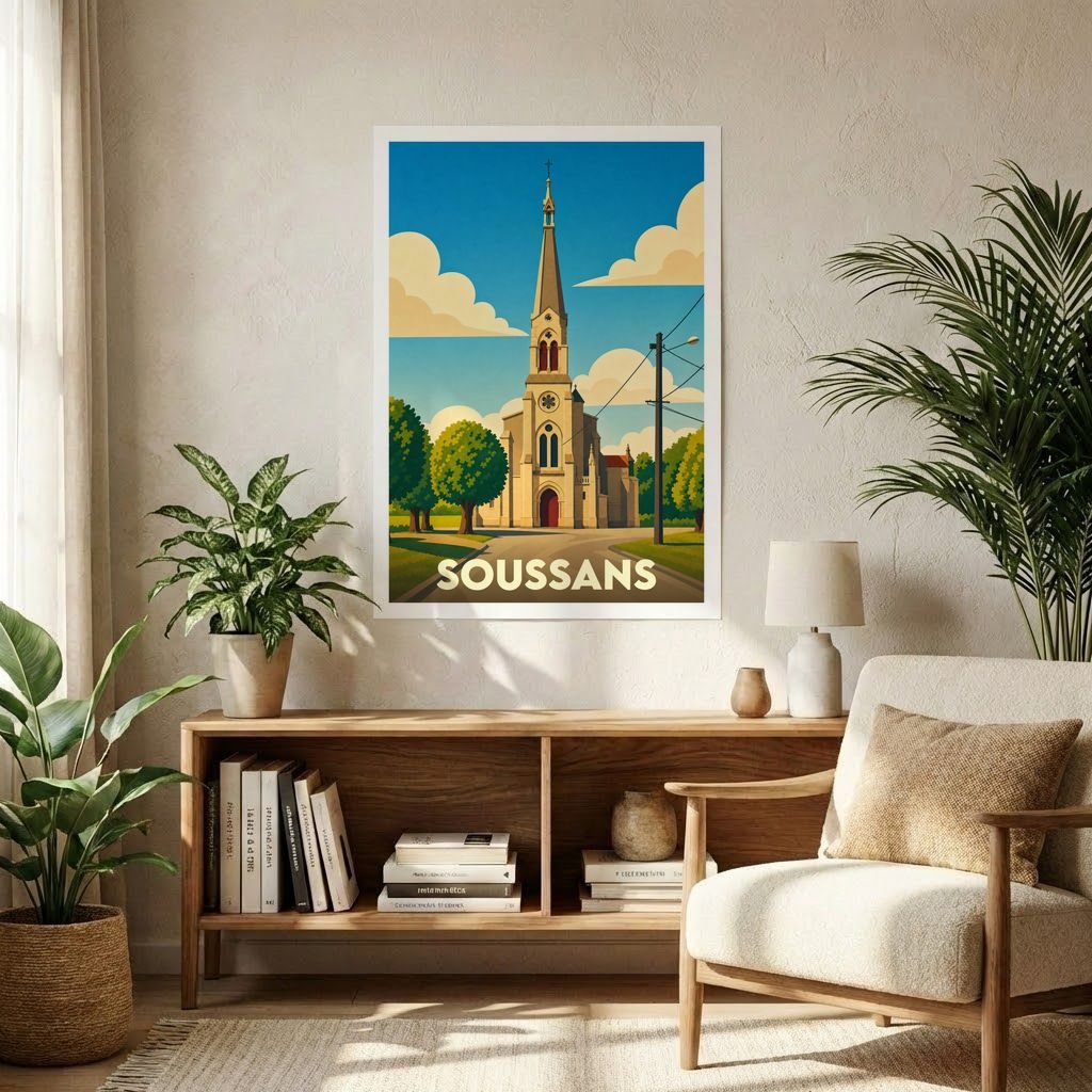 Affiche souvenir de la ville de Soussans avec une illustration stylisée d'une église sous un ciel azur.