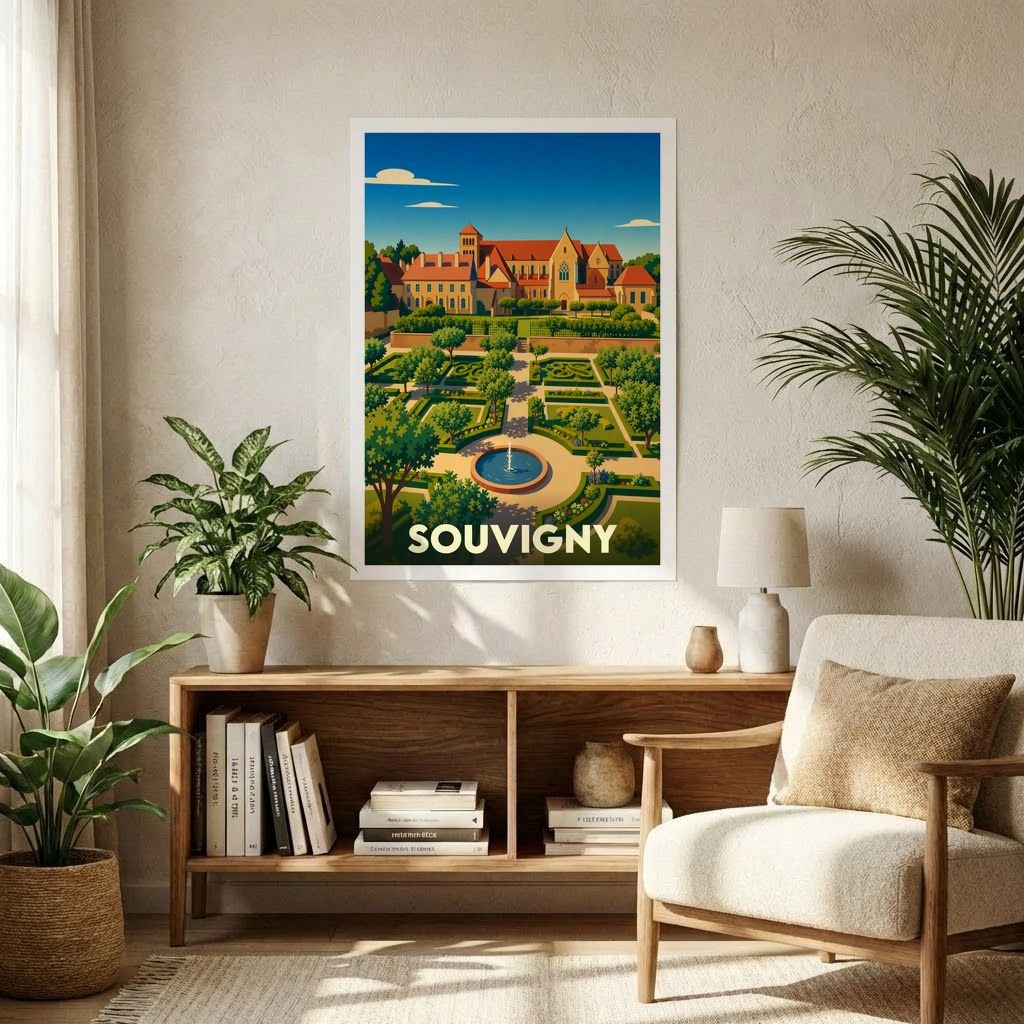 Affiche souvenir de la ville de Souvigny avec une illustration stylisée de son prieuré et de ses jardins.