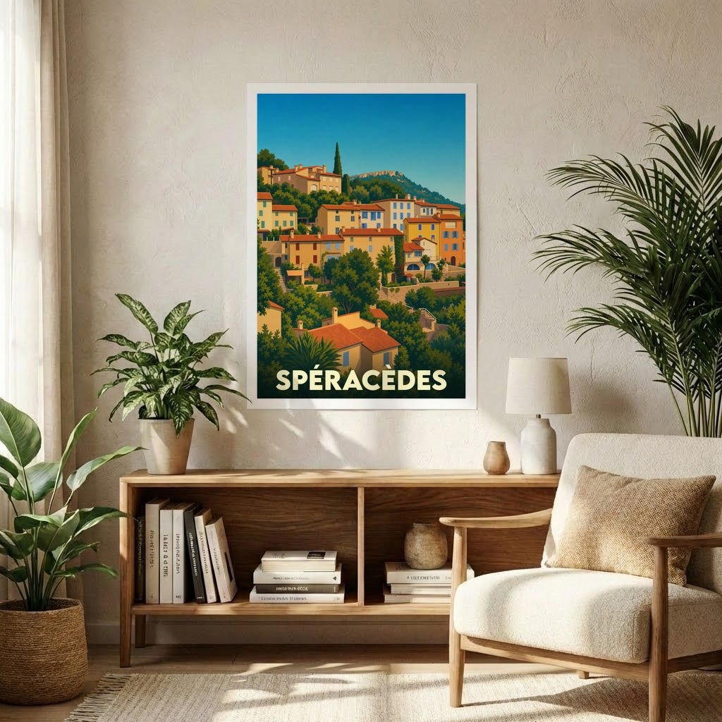 Affiche souvenir de la ville de Spéracèdes avec une illustration stylisée de ses maisons provençales à flanc de colline.
