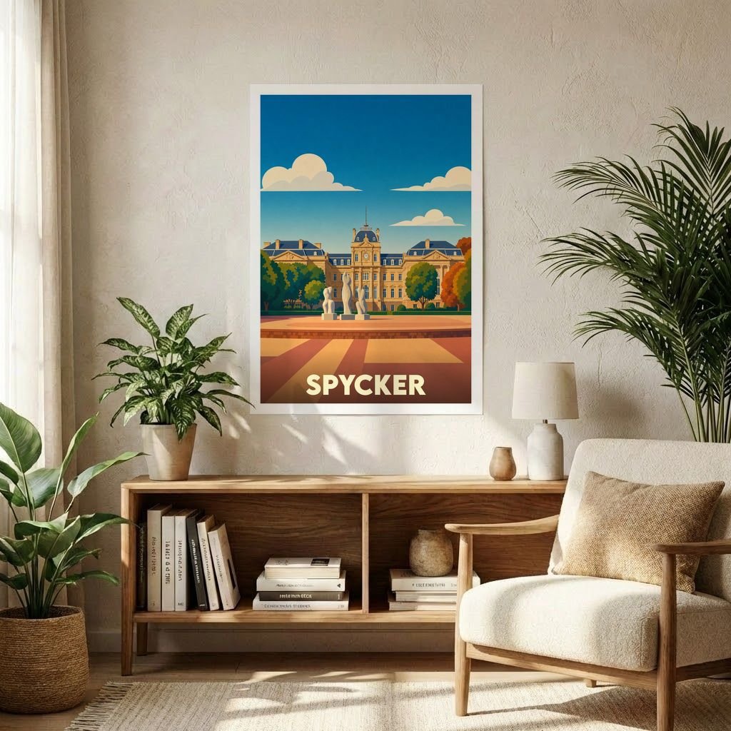 Affiche souvenir de la ville de Spycker avec une illustration stylisée d'un bâtiment historique.