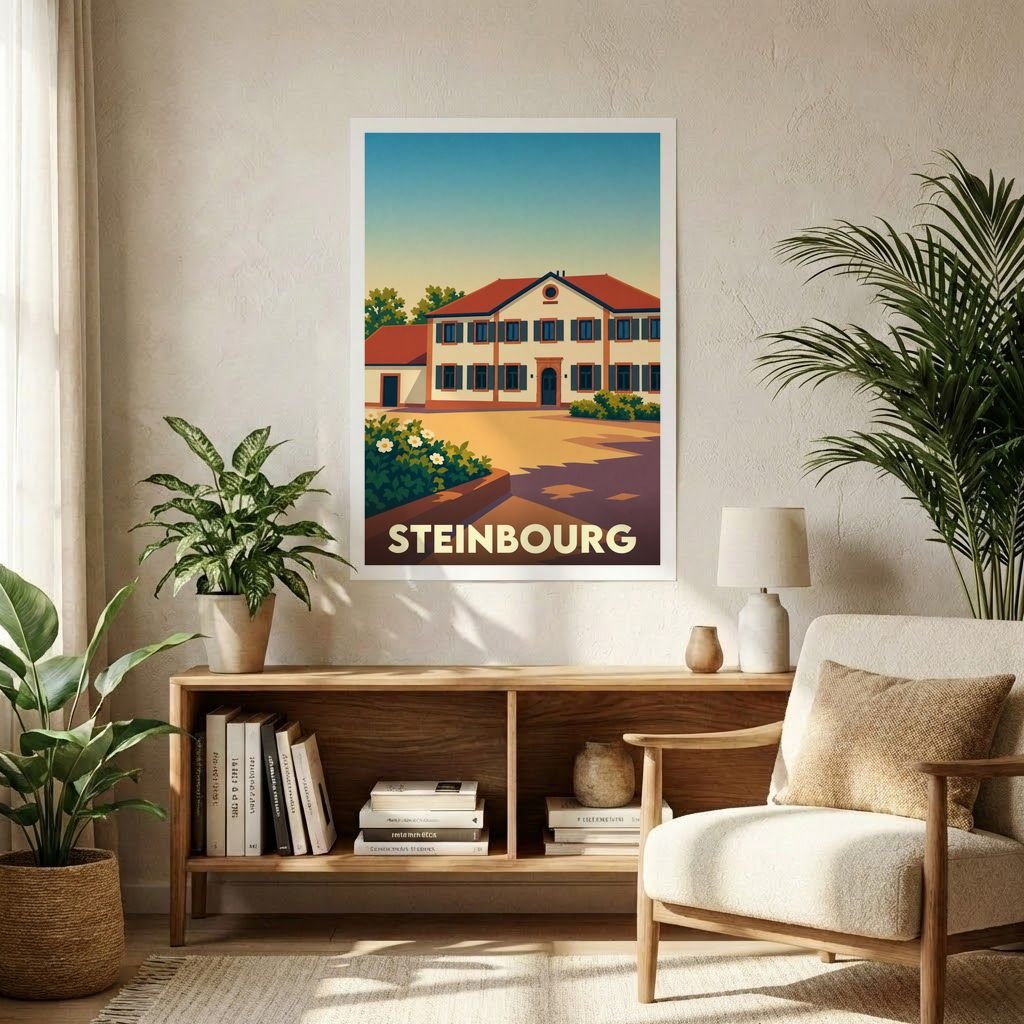 Affiche souvenir de la ville de Steinbourg avec une illustration stylisée d'une bâtisse traditionnelle.