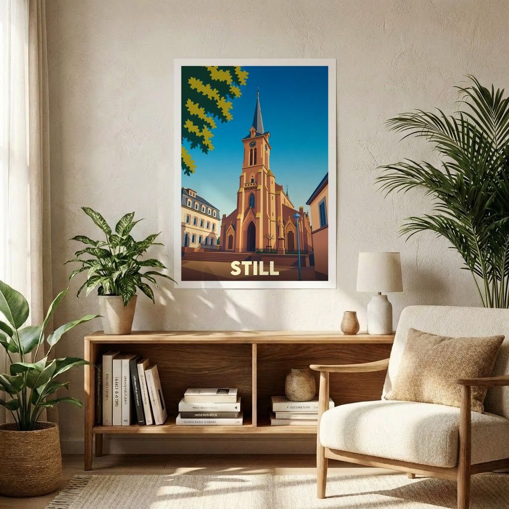 Affiche souvenir de la ville de Still avec une illustration stylisée d'une église.