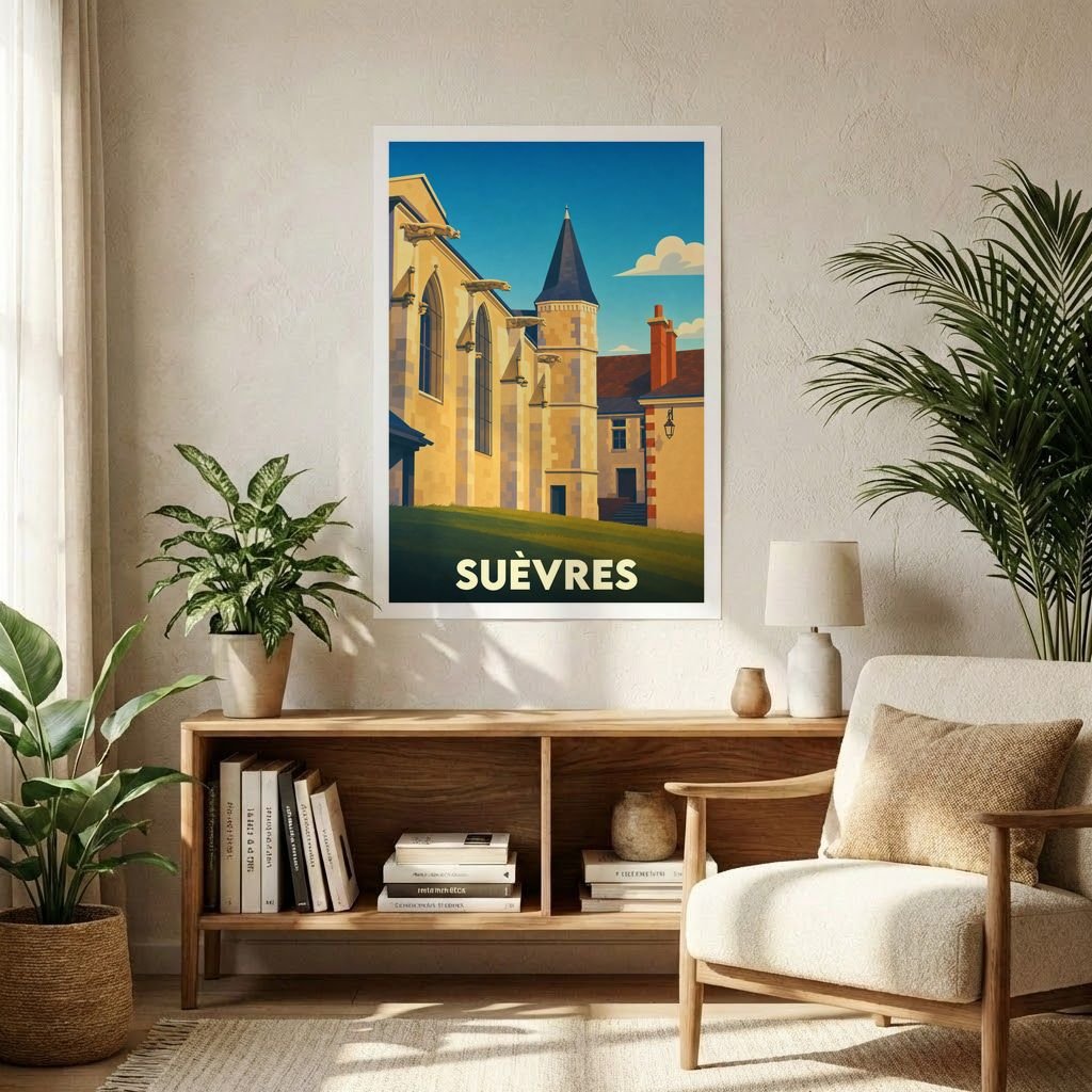 Affiche souvenir de la ville de Suèvres avec une illustration stylisée et colorée de son patrimoine architectural.