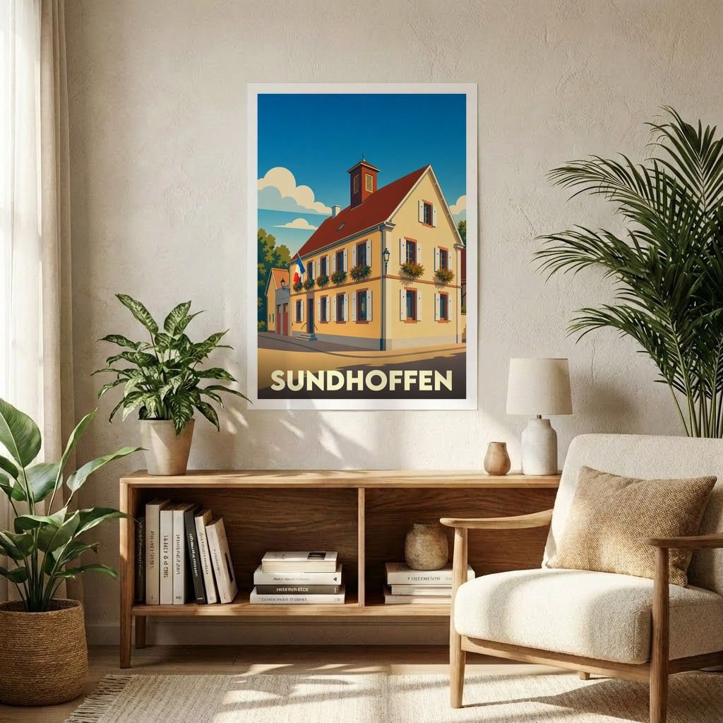 Affiche souvenir de la ville de Sundhoffen représentant son hôtel de ville dans un style graphique rétro.