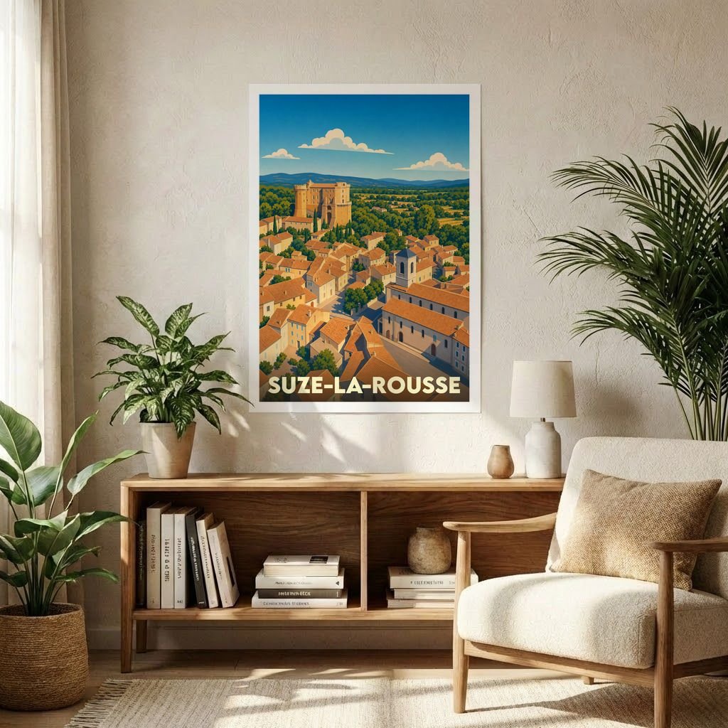 Affiche souvenir de la ville de Suze-la-Rousse avec une illustration stylisée.