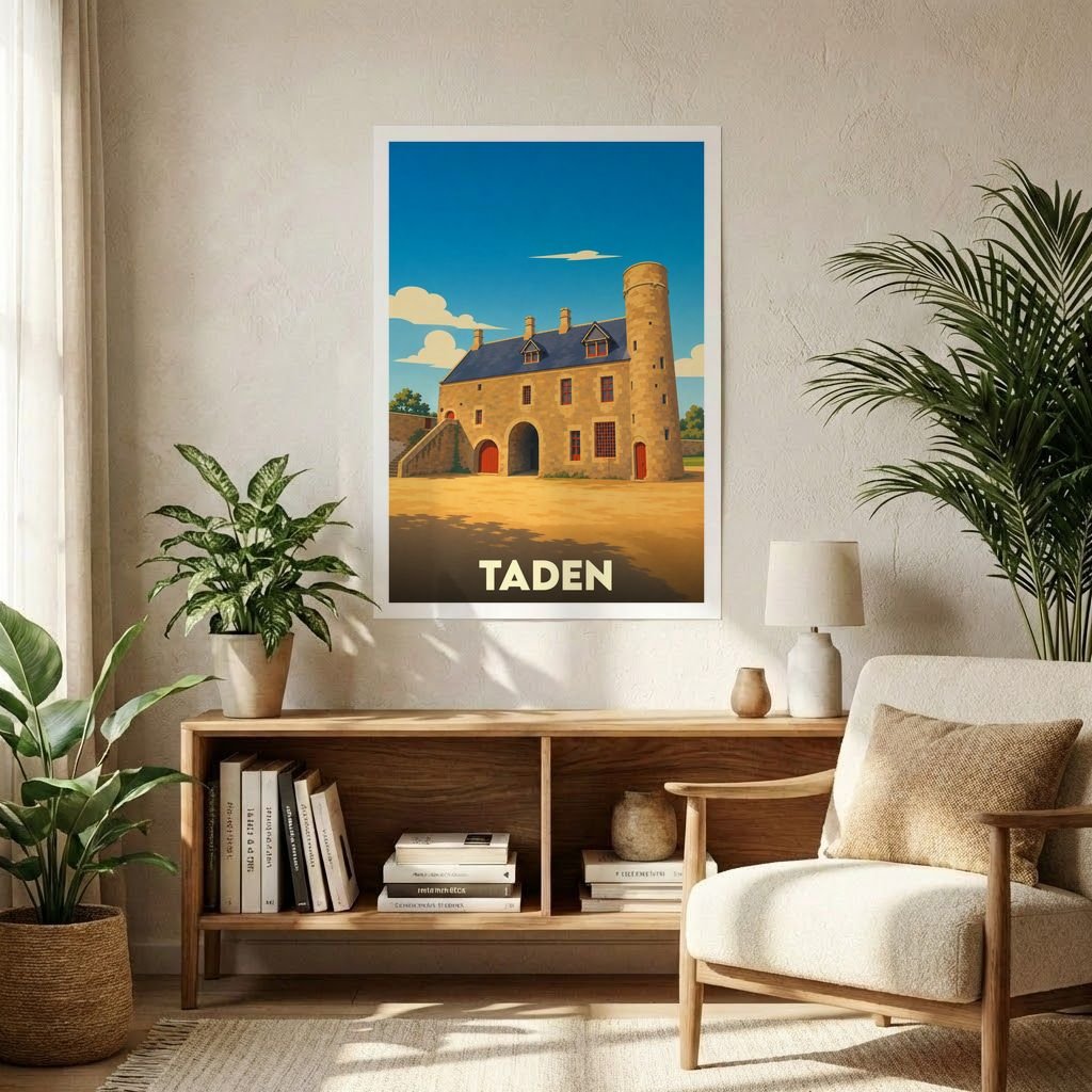 Affiche souvenir de la ville de Taden représentant une demeure historique dans un style graphique épuré.