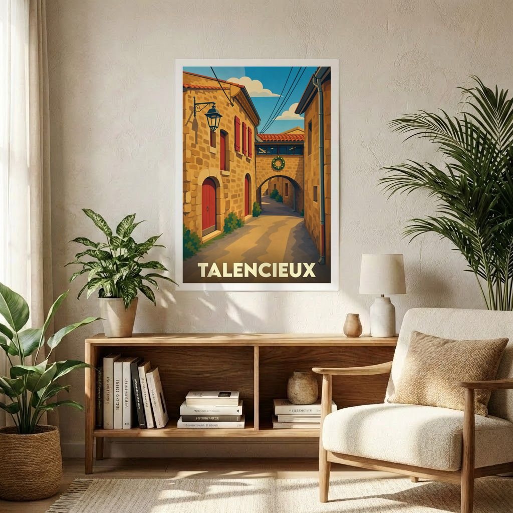 Affiche souvenir de la ville de Talencieux représentant une ruelle pittoresque aux murs de pierre avec une illustration stylisée.
